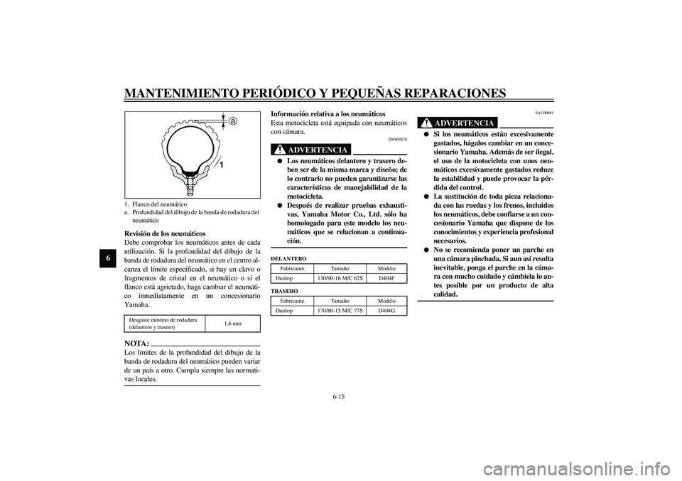 YAMAHA XVS1100A 2003  Manuale de Empleo (in Spanish) MANTENIMIENTO PERIÓDICO Y PEQUEÑAS REPARACIONES
6-15
6
Revisión de los neumáticos
Debe comprobar los neumáticos antes de cada
utilización. Si la profundidad del dibujo de la
banda de rodadura de