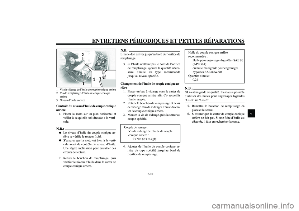 YAMAHA XVS1100A 2003  Notices Demploi (in French) ENTRETIENS PÉRIODIQUES ET PETITES RÉPARATIONS
6-10
6
Contrôle du niveau d’huile de couple conique
arrière
1. Placer la moto sur un plan horizontal et
veiller à ce qu’elle soit dressée à la 