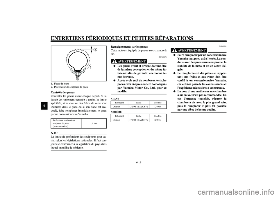 YAMAHA XVS1100A 2003  Notices Demploi (in French) ENTRETIENS PÉRIODIQUES ET PETITES RÉPARATIONS
6-15
6
Contrôle des pneus
Contrôler les pneus avant chaque départ. Si la
bande de roulement centrale a atteint la limite
spécifiée, si un clou ou d