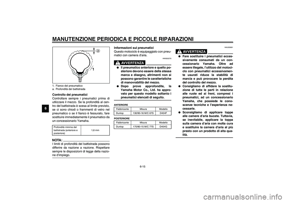 YAMAHA XVS1100A 2003  Manuale duso (in Italian) MANUTENZIONE PERIODICA E PICCOLE RIPARAZIONI
6-15
6
Controllo dei pneumatici
Controllare sempre i pneumatici prima di
utilizzare il mezzo. Se la profondità al cen-
tro del battistrada è scesa al lim