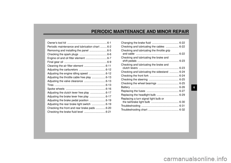 YAMAHA XVS1100A 2000 Service Manual 6
PERIODIC MAINTENANCE AND MINOR REPAIR
Owner’s tool kit .................................................... 6-1
Periodic maintenance and lubrication chart ......... 6-2
Removing and installing th YAMAHA XVS1100A 2000 Service Manual 6
PERIODIC MAINTENANCE AND MINOR REPAIR
Owner’s tool kit .................................................... 6-1
Periodic maintenance and lubrication chart ......... 6-2
Removing and installing th