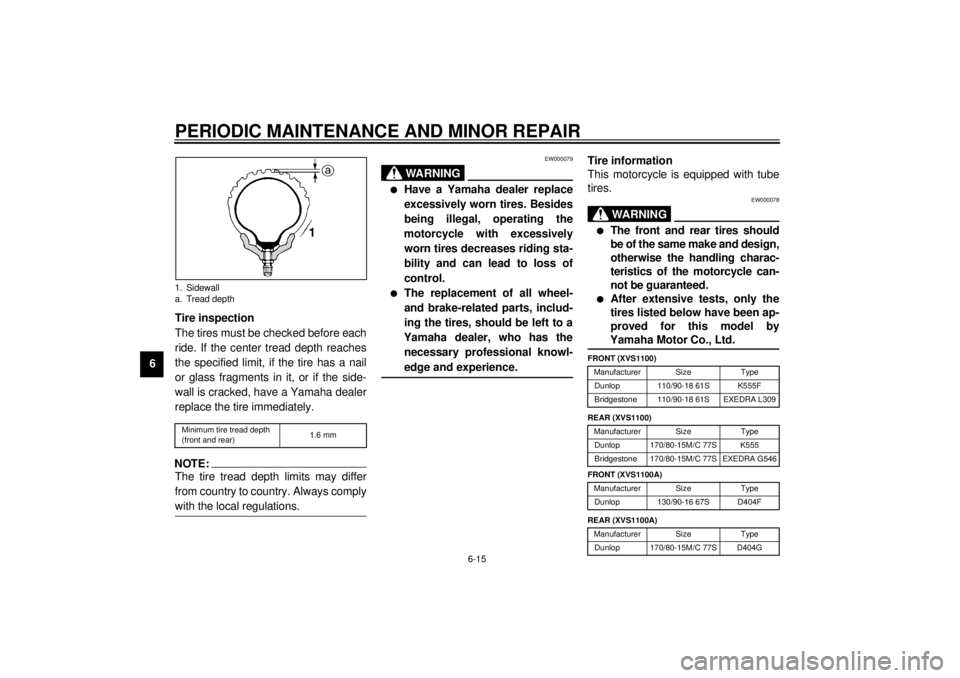 YAMAHA XVS1100A 2000  Owners Manual PERIODIC MAINTENANCE AND MINOR REPAIR
6-15
6Tire inspection
The tires must be checked before each
ride. If the center tread depth reaches
the specified limit, if the tire has a nail
or glass fragments