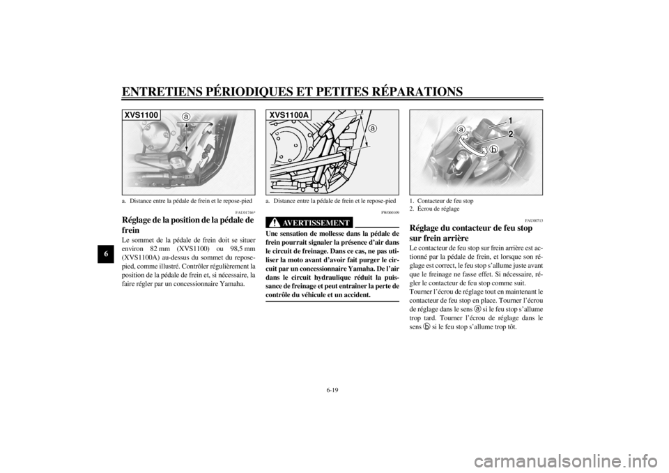 YAMAHA XVS1100A 2000  Notices Demploi (in French) ENTRETIENS PÉRIODIQUES ET PETITES RÉPARATIONS
6-19
6
FAU01746*
Réglage de la position de la pédale de 
frein Le sommet de la pédale de frein doit se situer
environ 82 mm (XVS1100) ou 98,5 mm
(XVS