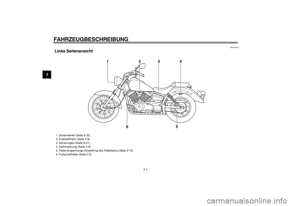 YAMAHA XVS125 2004 Betriebsanleitungen (in German)
2-1
1
2
3
4
5
6
7
8
9
FAHRZEUGBESCHREIBUNG
GAU10410
Linke Seitenansicht
1234
5
6
1. Scheinwerfer (Seite 6-32)
2. Kraftstoffhahn (Seite 3-8)
3. Sicherungen (Seite 6-31)
4. Helmhalterung (Seit YAMAHA XVS125 2004 Betriebsanleitungen (in German)
2-1
1
2
3
4
5
6
7
8
9
FAHRZEUGBESCHREIBUNG
GAU10410
Linke Seitenansicht
1234
5
6
1. Scheinwerfer (Seite 6-32)
2. Kraftstoffhahn (Seite 3-8)
3. Sicherungen (Seite 6-31)
4. Helmhalterung (Seit