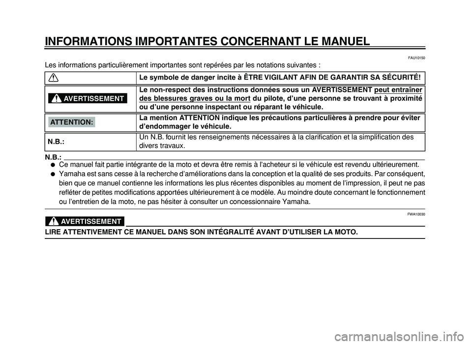 YAMAHA XVS125 2004  Notices Demploi (in French)  
INFORMATIONS IMPORTANTES CONCERNANT LE MANUEL 
FAU10150 
Les informations particulièrement importantes sont repérées par les notations suivantes :
N.B.:
 
 
Ce manuel fait partie intégrante de 