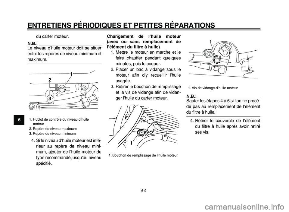 YAMAHA XVS125 2004  Notices Demploi (in French)  
ENTRETIENS PÉRIODIQUES ET PETITES RÉPARATIONS 
6-9 
1
2
3
4
5
6
7
8
9 
du carter moteur.
N.B.:
 
Le niveau d’huile moteur doit se situer
entre les repères de niveau minimum et 
maximum.
4. Si l