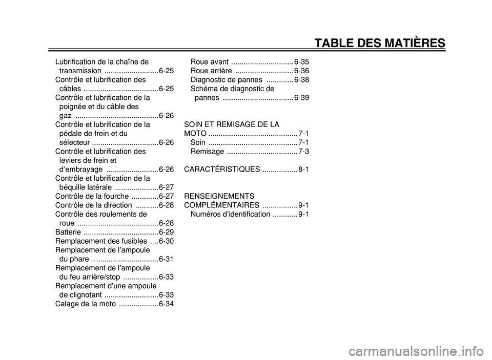 YAMAHA XVS125 2004  Notices Demploi (in French)  
TABLE DES MATIÈRES 
Lubrification de la chaîne de 
transmission .......................... 6-25
Contrôle et lubrification des 
câbles .................................... 6-25
Contrôle et lubri