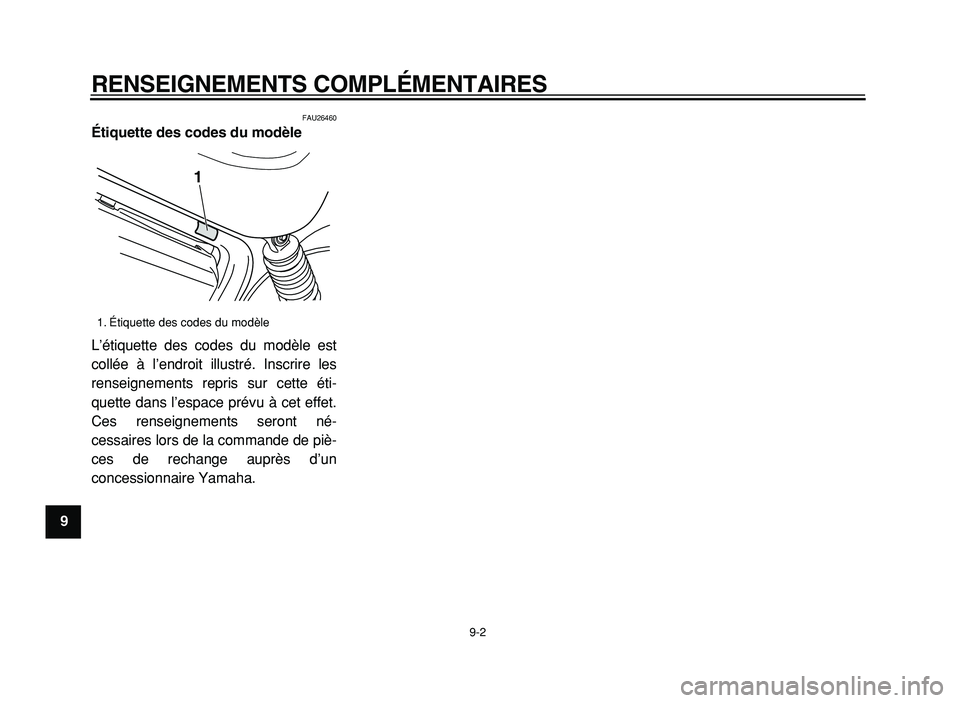 YAMAHA XVS125 2004  Notices Demploi (in French)  
RENSEIGNEMENTS COMPLÉMENTAIRES 
9-2 
1
2
3
4
5
6
7
8
9
 
FAU26460 
Étiquette des codes du modèle  
L’étiquette des codes du modèle est
collée à l’endroit illustré. Inscrire les
renseigne