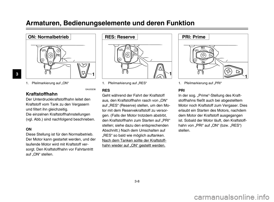 YAMAHA XVS125 2002  Betriebsanleitungen (in German) 3-8
GAU03236
KraftstoffhahnKraftstoffhahn
Der Unterdruckkraftstoffhahn leitet den
Kraftstoff vom Tank zu den Vergasern
und filtert ihn gleichzeitig.
Die einzelnen Kraftstoffhahnstellungen
(vgl. Abb.) 
