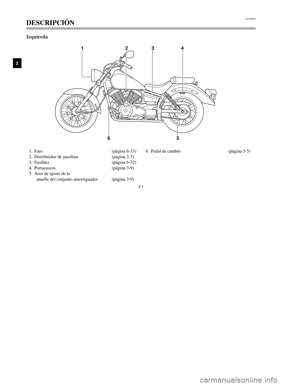 YAMAHA XVS125 2001  Manuale de Empleo (in Spanish) 12
3
4
5
6
7
8
9
SAU00026
DESCRIPCIîN
2-1
1.Faro (p‡gina 6-33)
2.Distribuidor de gasolina (p‡gina 3-7)
3.Fusibles (p‡gina 6-32)
4.Portacascos  (p‡gina 3-9)
5.Aros de ajuste de la 
muelle del 