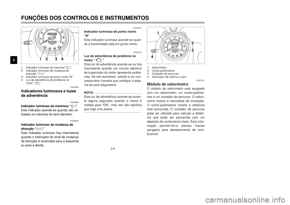 YAMAHA XVS125 2001  Manual de utilização (in Portuguese) 3-2
FUN‚ÍES DOS CONTROLOS E INSTRUMENTOS
3
PAU03034
Indicadores luminosos e luzes

PAU00063
Indicador luminoso de m‡ximos Ò&Ó
Este indicador acende-se quando s‹o uti-
lizados os m‡ximos do 