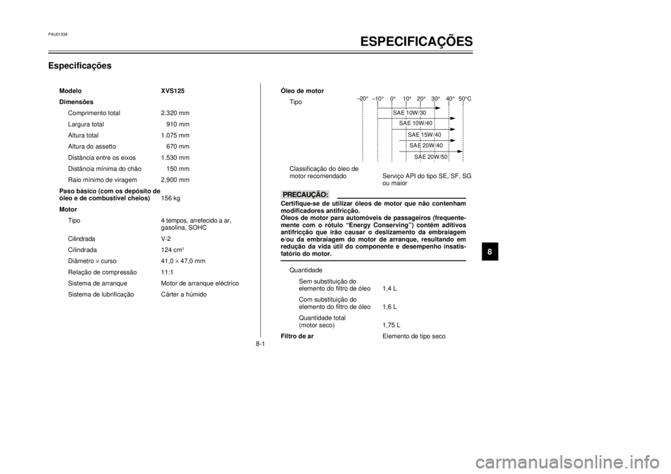 YAMAHA XVS125 2001  Manual de utilização (in Portuguese) PAU01038
ESPECIFICA‚ÍES
8-1
8

ModeloXVS125
Dimens›es
Comprimento total2.320 mm
Largura total910 mm
Altura total1.075 mm
Altura do assetto670 mm
Dist‰ncia entre os eixos1.530 mm
Dist‰ncia m�