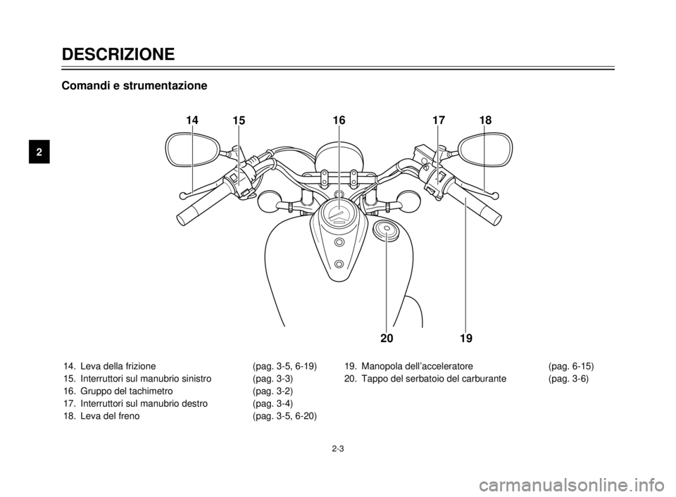 YAMAHA XVS125 2000  Manuale duso (in Italian) DESCRIZIONE
2
2-3
14. Leva della frizione  (pag. 3-5, 6-19)
15. Interruttori sul manubrio sinistro  (pag. 3-3)
16. Gruppo del tachimetro (pag. 3-2)
17. Interruttori sul manubrio destro  (pag. 3-4)
18.