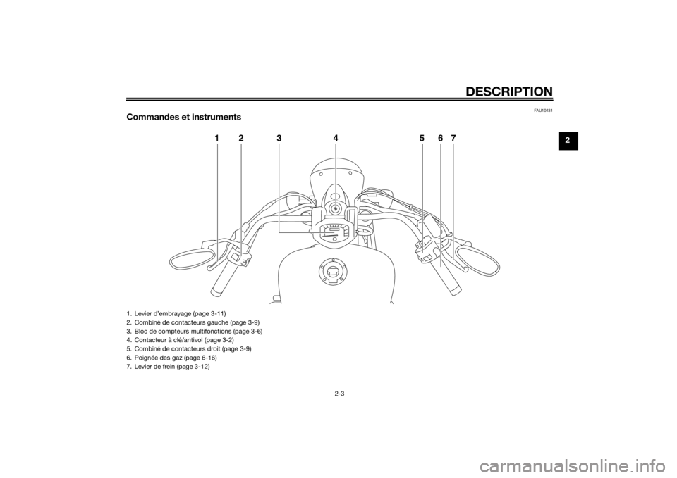 YAMAHA XVS1300A 2014 Notices Demploi (in French) DESCRIPTION
2-3
2
FAU10431
Commandes et instruments
12 3 4 567
1. Levier d’embrayage (page 3-11)
2. Combiné de contacteurs gauche (page 3-9)
3. Bloc de compteurs multifonctions (page 3-6)
4. Contac YAMAHA XVS1300A 2014 Notices Demploi (in French) DESCRIPTION
2-3
2
FAU10431
Commandes et instruments
12 3 4 567
1. Levier d’embrayage (page 3-11)
2. Combiné de contacteurs gauche (page 3-9)
3. Bloc de compteurs multifonctions (page 3-6)
4. Contac