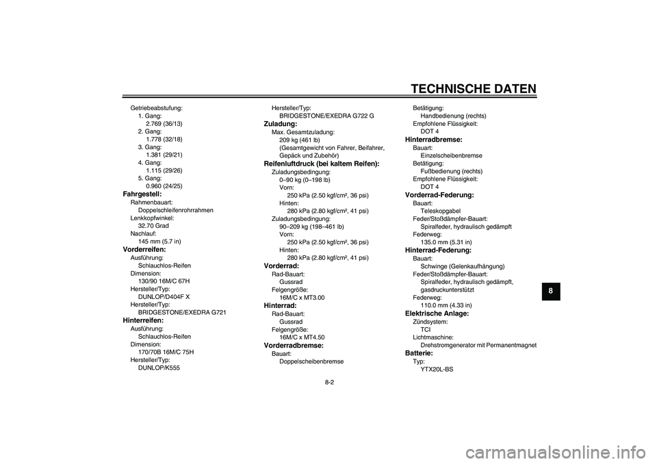 YAMAHA XVS1300A 2011 Betriebsanleitungen (in German) TECHNISCHE DATEN
8-2
8
Getriebeabstufung:
1. Gang:
2.769 (36/13)
2. Gang:
1.778 (32/18)
3. Gang:
1.381 (29/21)
4. Gang:
1.115 (29/26)
5. Gang:
0.960 (24/25)Fahrgestell:Rahmenbauart:
Doppelschleifenroh YAMAHA XVS1300A 2011 Betriebsanleitungen (in German) TECHNISCHE DATEN
8-2
8
Getriebeabstufung:
1. Gang:
2.769 (36/13)
2. Gang:
1.778 (32/18)
3. Gang:
1.381 (29/21)
4. Gang:
1.115 (29/26)
5. Gang:
0.960 (24/25)Fahrgestell:Rahmenbauart:
Doppelschleifenroh