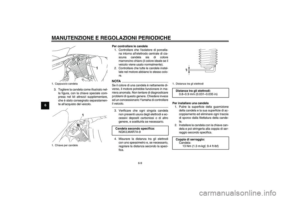 YAMAHA XVS1300A 2011  Manuale duso (in Italian) MANUTENZIONE E REGOLAZIONI PERIODICHE
6-9
6
3. Togliere la candela come illustrato nel-
la figura, con la chiave speciale com-
presa nel kit attrezzi supplementare,
che è stato consegnato separatamen