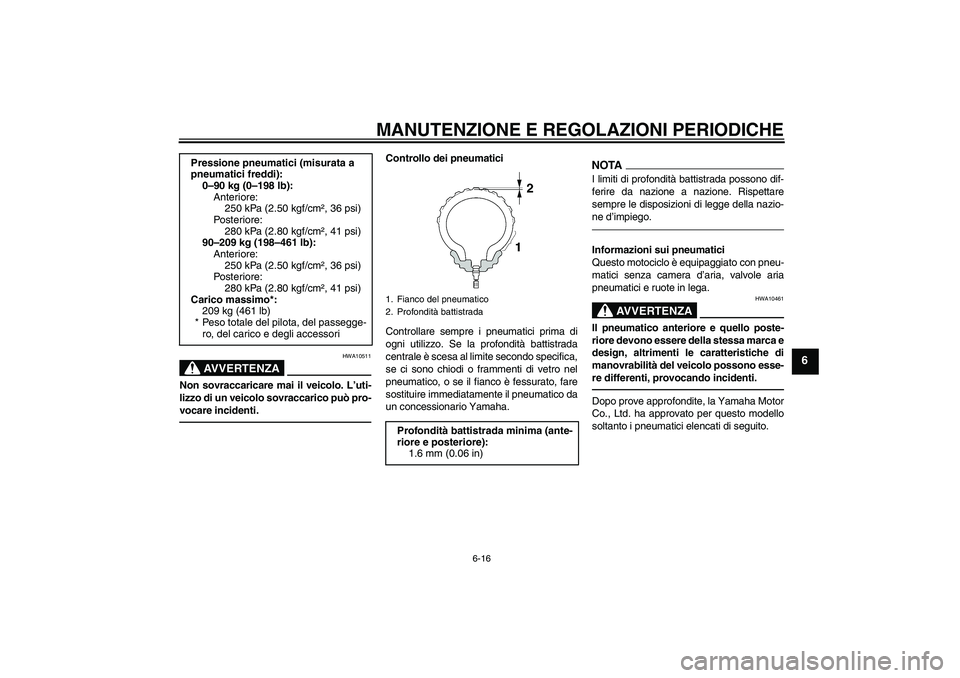 YAMAHA XVS1300A 2011  Manuale duso (in Italian) MANUTENZIONE E REGOLAZIONI PERIODICHE
6-16
6
AVVERTENZA
HWA10511
Non sovraccaricare mai il veicolo. L’uti-
lizzo di un veicolo sovraccarico può pro-
vocare incidenti.
Controllo dei pneumatici
Contr