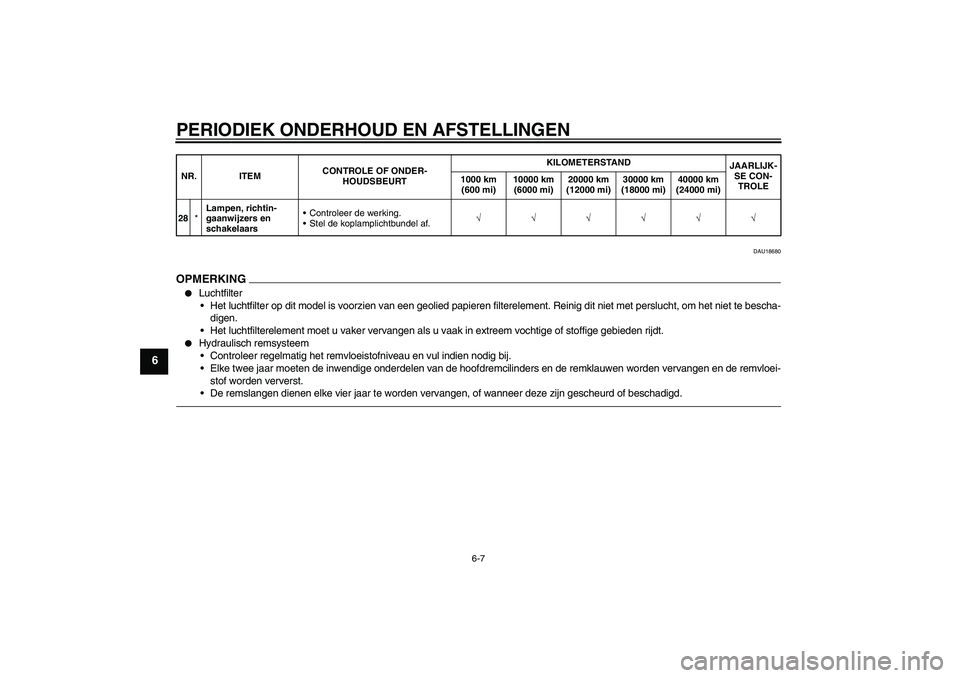 YAMAHA XVS1300A 2011  Instructieboekje (in Dutch) PERIODIEK ONDERHOUD EN AFSTELLINGEN
6-7
6
DAU18680
OPMERKIN
G

Luchtfilter
Het luchtfilter op dit model is voorzien van een geolied papieren filterelement. Reinig dit niet met perslucht, om het niet