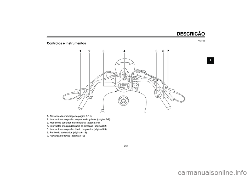 YAMAHA XVS1300A 2011  Manual de utilização (in Portuguese) DESCRIÇÃO
2-3
2
PAU10430
Controlos e instrumentos
12 3 4 567
1. Alavanca da embraiagem (página 3-11)
2. Interruptores do punho esquerdo do guiador (página 3-9)
3. Módulo do contador multifunciona