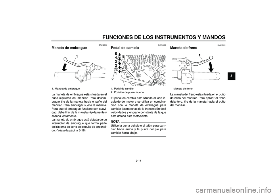 YAMAHA XVS1300A 2010  Manuale de Empleo (in Spanish) FUNCIONES DE LOS INSTRUMENTOS Y MANDOS
3-11
3
SAU12820
Maneta de embrague La maneta de embrague está situada en el
puño izquierdo del manillar. Para desem-
bragar tire de la maneta hacia el puño de
