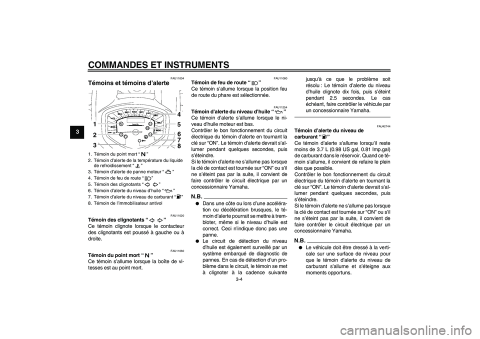 YAMAHA XVS1300A 2010  Notices Demploi (in French) COMMANDES ET INSTRUMENTS
3-4
3
FAU11004
Témoins et témoins d’alerte 
FAU11020
Témoin des clignotants“” 
Ce témoin clignote lorsque le contacteur
des clignotants est poussé à gauche ou à
d
