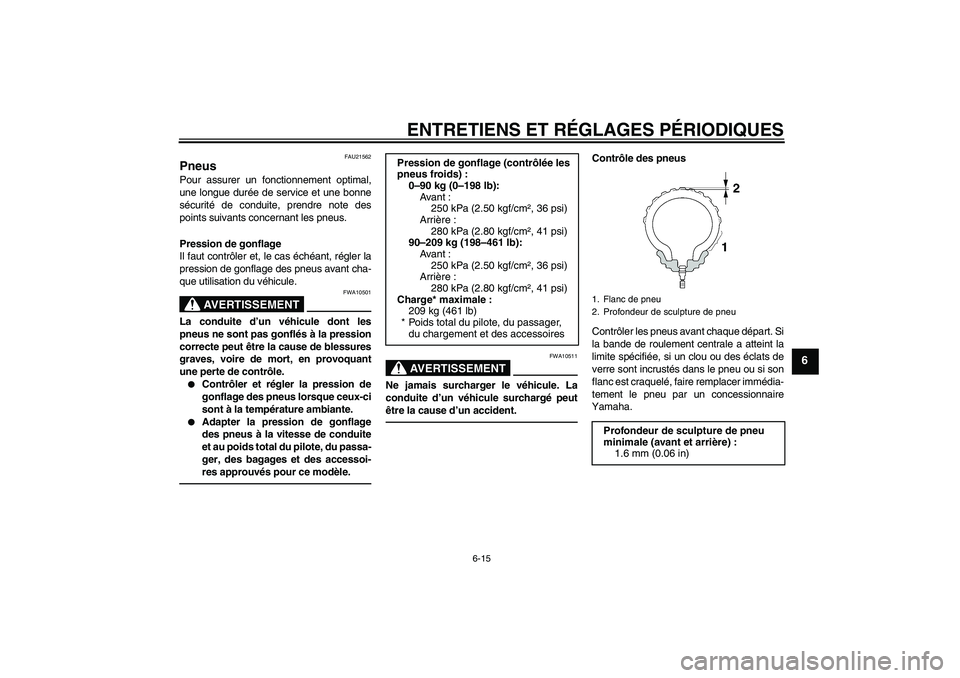 YAMAHA XVS1300A 2010  Notices Demploi (in French) ENTRETIENS ET RÉGLAGES PÉRIODIQUES
6-15
6
FAU21562
Pneus Pour assurer un fonctionnement optimal,
une longue durée de service et une bonne
sécurité de conduite, prendre note des
points suivants co