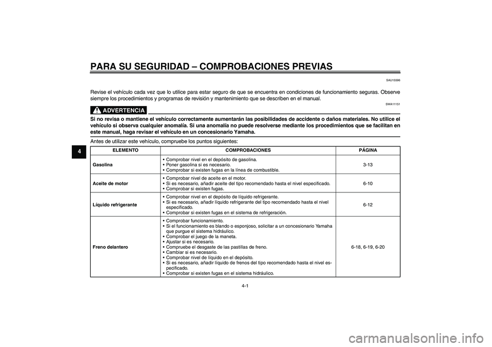 YAMAHA XVS1300A 2009  Manuale de Empleo (in Spanish) PARA SU SEGURIDAD – COMPROBACIONES PREVIAS
4-1
4
SAU15596
Revise el vehículo cada vez que lo utilice para estar seguro de que se encuentra en condiciones de funcionamiento seguras. Observe
siempre 