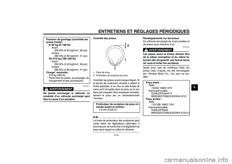 YAMAHA XVS1300A 2009  Notices Demploi (in French) ENTRETIENS ET RÉGLAGES PÉRIODIQUES
6-15
6
AVERTISSEMENT
FWA10511
Ne jamais surcharger le véhicule. La
conduite d’un véhicule surchargé peutêtre la cause d’un accident.Contrôle des pneus
Con