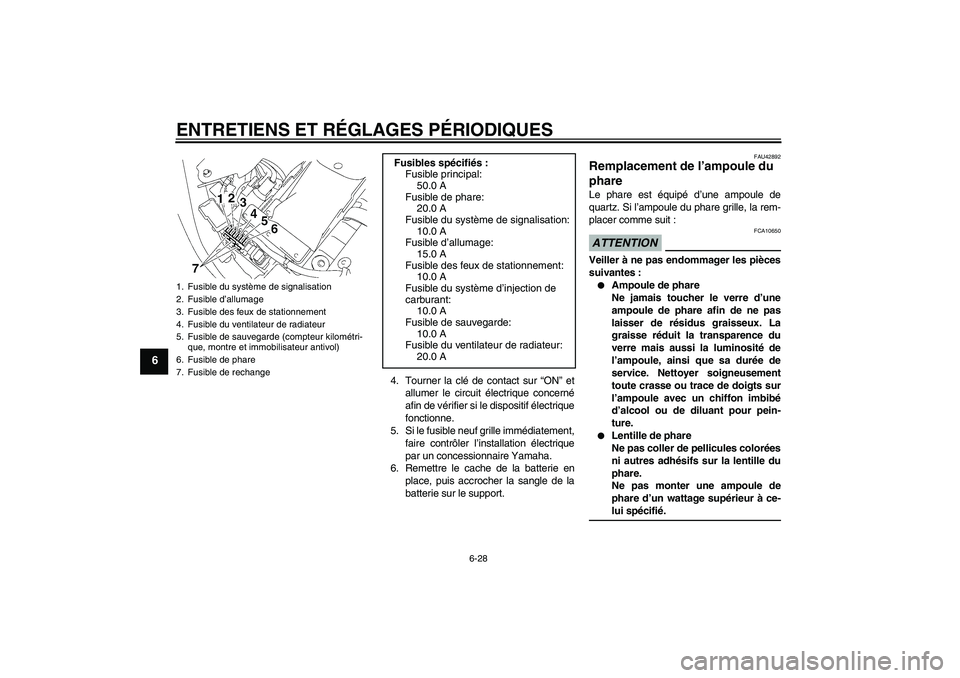 YAMAHA XVS1300A 2009 Notices Demploi (in French) ENTRETIENS ET RÉGLAGES PÉRIODIQUES
6-28
6
4. Tourner la clé de contact sur “ON” et
allumer le circuit électrique concerné
afin de vérifier si le dispositif électrique
fonctionne.
5. Si le f YAMAHA XVS1300A 2009 Notices Demploi (in French) ENTRETIENS ET RÉGLAGES PÉRIODIQUES
6-28
6
4. Tourner la clé de contact sur “ON” et
allumer le circuit électrique concerné
afin de vérifier si le dispositif électrique
fonctionne.
5. Si le f