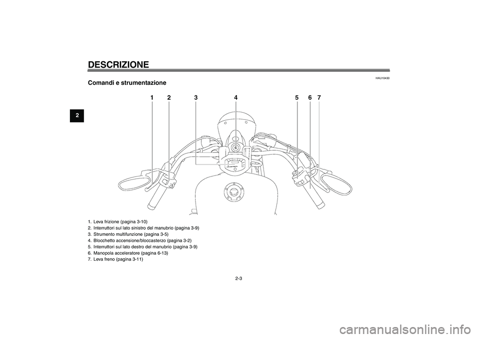 YAMAHA XVS1300A 2009  Manuale duso (in Italian) DESCRIZIONE
2-3
2
HAU10430
Comandi e strumentazione1. Leva frizione (pagina 3-10)
2. Interruttori sul lato sinistro del manubrio (pagina 3-9)
3. Strumento multifunzione (pagina 3-5)
4. Blocchetto acce
