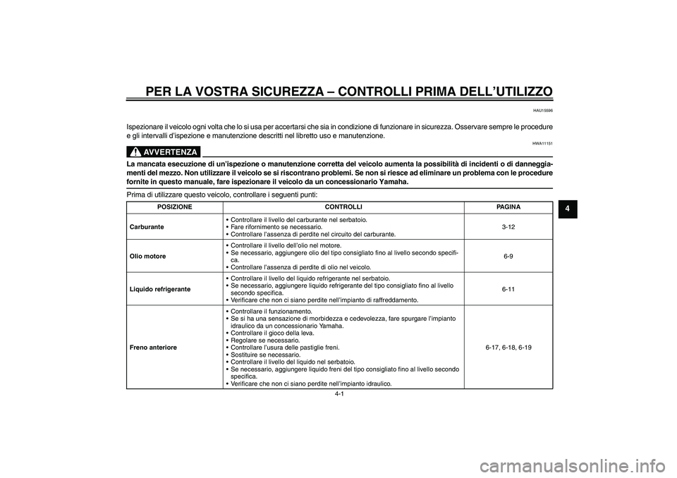 YAMAHA XVS1300A 2009  Manuale duso (in Italian) PER LA VOSTRA SICUREZZA – CONTROLLI PRIMA DELL’UTILIZZO
4-1
4
HAU15596
Ispezionare il veicolo ogni volta che lo si usa per accertarsi che sia in condizione di funzionare in sicurezza. Osservare se
