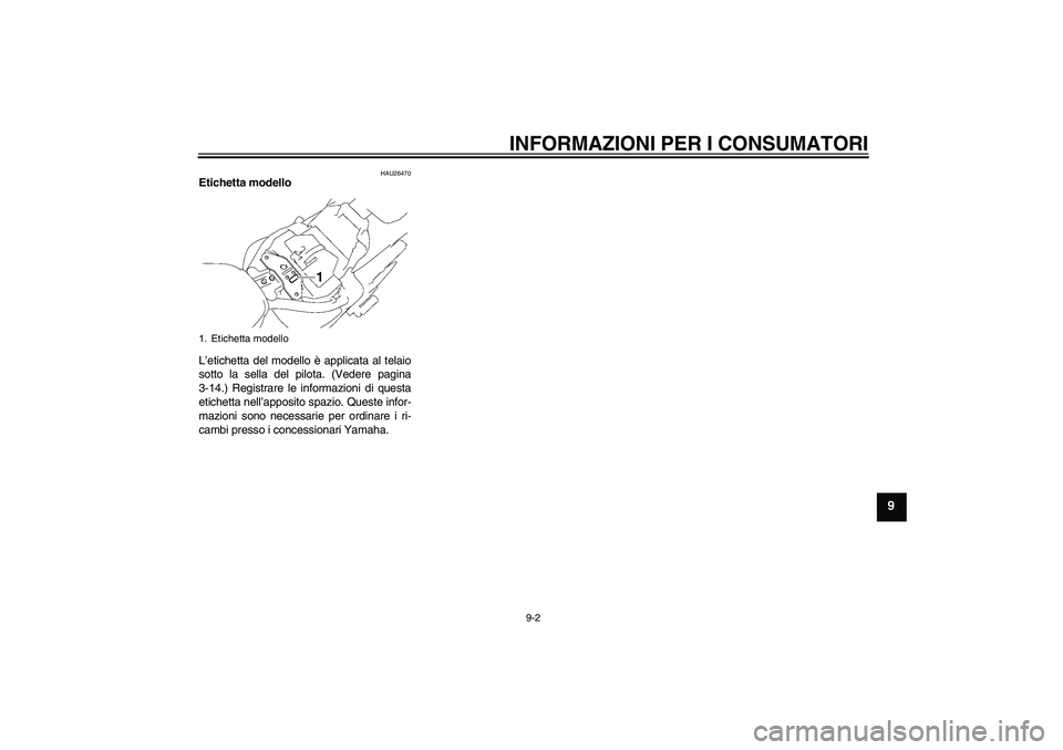 YAMAHA XVS1300A 2009  Manuale duso (in Italian) INFORMAZIONI PER I CONSUMATORI
9-2
9
HAU26470
Etichetta modello 
L’etichetta del modello è applicata al telaio
sotto la sella del pilota. (Vedere pagina
3-14.) Registrare le informazioni di questa
