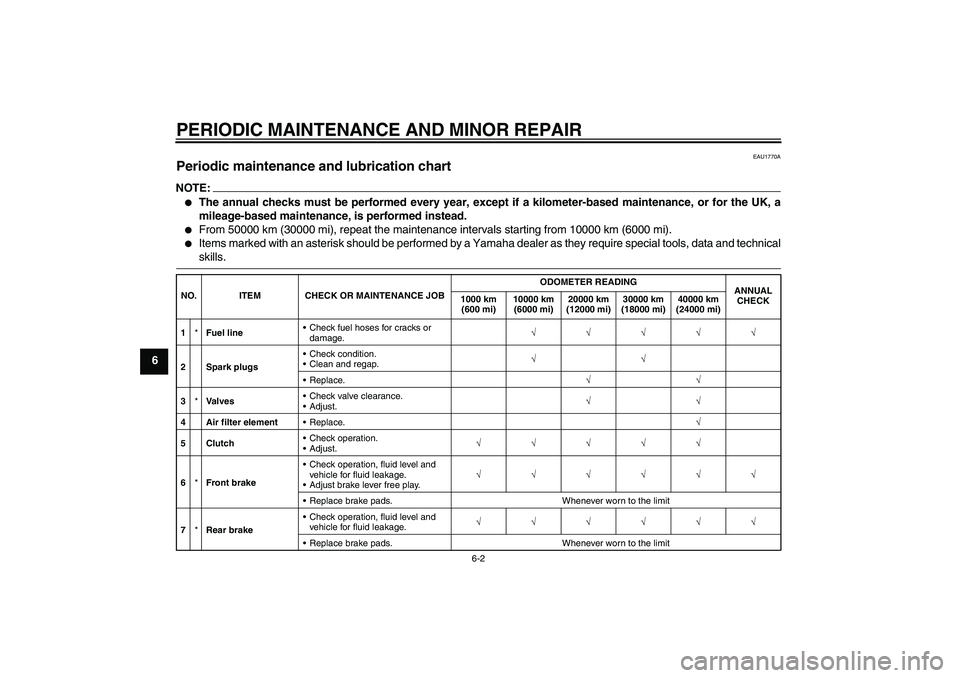YAMAHA XVS1300A 2008 Service Manual PERIODIC MAINTENANCE AND MINOR REPAIR
6-2
6
EAU1770A
Periodic maintenance and lubrication chart NOTE:
The annual checks must be performed every year, except if a kilometer-based maintenance, or for t