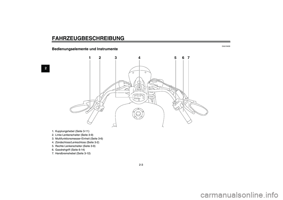 YAMAHA XVS1300A 2008  Betriebsanleitungen (in German) FAHRZEUGBESCHREIBUNG
2-3
2
GAU10430
Bedienungselemente und Instrumente1. Kupplungshebel (Seite 3-11)
2. Linke Lenkerschalter (Seite 3-9)
3. Multifunktionsmesser-Einheit (Seite 3-6)
4. Zündschloss/Len