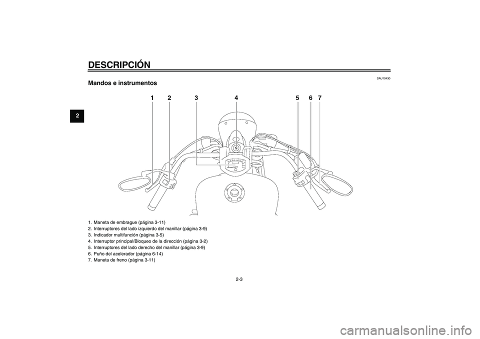 YAMAHA XVS1300A 2008  Manuale de Empleo (in Spanish) DESCRIPCIÓN
2-3
2
SAU10430
Mandos e instrumentos1. Maneta de embrague (página 3-11)
2. Interruptores del lado izquierdo del manillar (página 3-9)
3. Indicador multifunción (página 3-5)
4. Interru