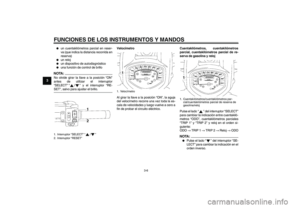 YAMAHA XVS1300A 2008  Manuale de Empleo (in Spanish) FUNCIONES DE LOS INSTRUMENTOS Y MANDOS
3-6
3

un cuentakilómetros parcial en reser-
va (que indica la distancia recorrida en
reserva)

un reloj

un dispositivo de autodiagnóstico

una función d