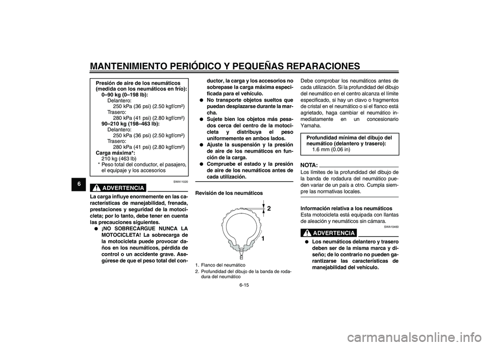 YAMAHA XVS1300A 2008  Manuale de Empleo (in Spanish) MANTENIMIENTO PERIÓDICO Y PEQUEÑAS REPARACIONES
6-15
6
ADVERTENCIA
SWA11020
La carga influye enormemente en las ca-
racterísticas de manejabilidad, frenada,
prestaciones y seguridad de la motoci-
c