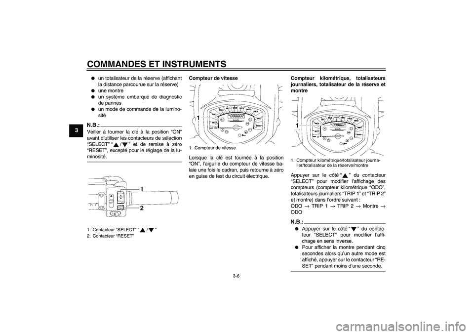 YAMAHA XVS1300A 2008  Notices Demploi (in French) COMMANDES ET INSTRUMENTS
3-6
3

un totalisateur de la réserve (affichant
la distance parcourue sur la réserve)

une montre

un système embarqué de diagnostic
de pannes

un mode de commande de 