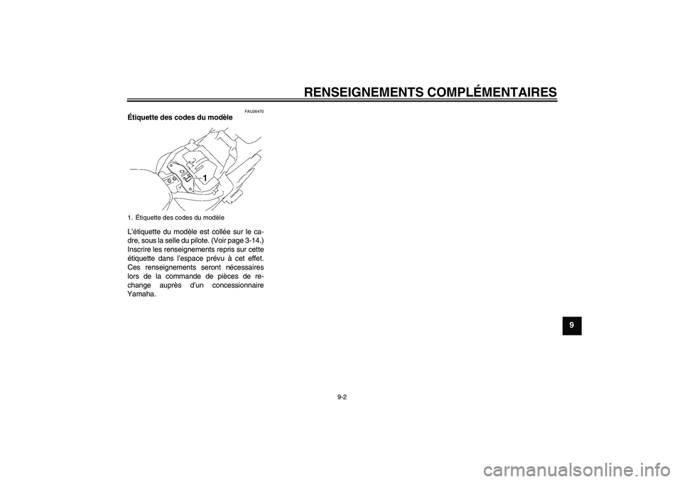 YAMAHA XVS1300A 2008  Notices Demploi (in French) RENSEIGNEMENTS COMPLÉMENTAIRES
9-2
9
FAU26470
Étiquette des codes du modèle 
L’étiquette du modèle est collée sur le ca-
dre, sous la selle du pilote. (Voir page 3-14.)
Inscrire les renseignem