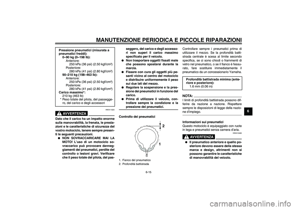 YAMAHA XVS1300A 2008  Manuale duso (in Italian) MANUTENZIONE PERIODICA E PICCOLE RIPARAZIONI
6-15
6
AVVERTENZA
HWA11020
Dato che il carico ha un impatto enorme
sulla manovrabilità, la frenata, le presta-
zioni e le caratteristiche di sicurezza del