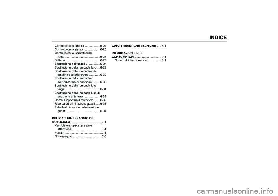 YAMAHA XVS1300A 2008  Manuale duso (in Italian) INDICE
Controllo della forcella  .................. 6-24
Controllo dello sterzo  .................... 6-25
Controllo dei cuscinetti delle 
ruote .......................................... 6-25
Batteri