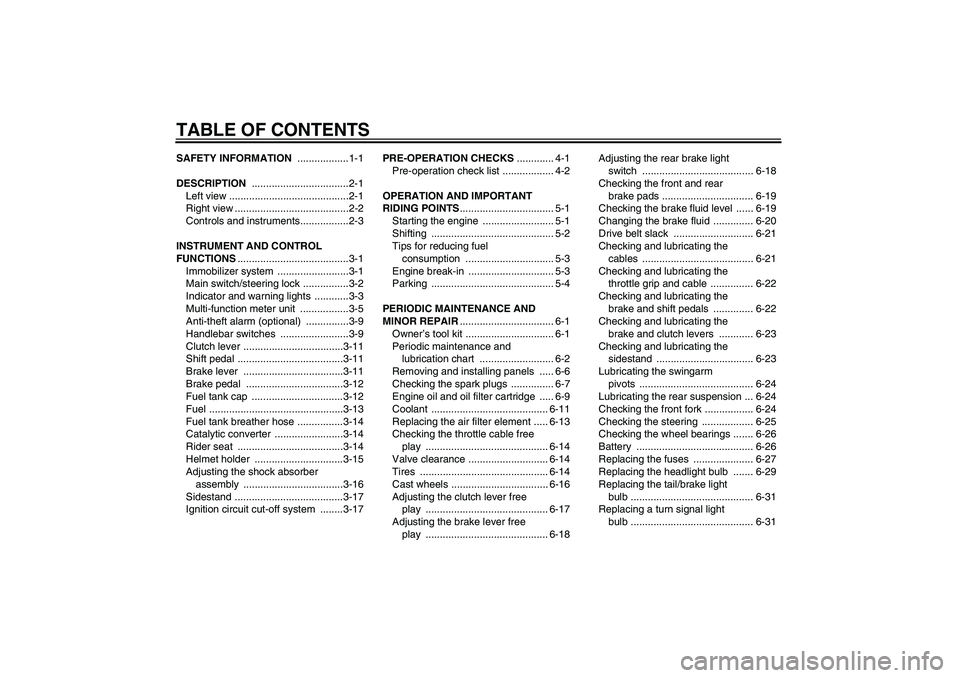 YAMAHA XVS1300A 2007  Owners Manual TABLE OF CONTENTSSAFETY INFORMATION ..................1-1
DESCRIPTION ..................................2-1
Left view ..........................................2-1
Right view .........................