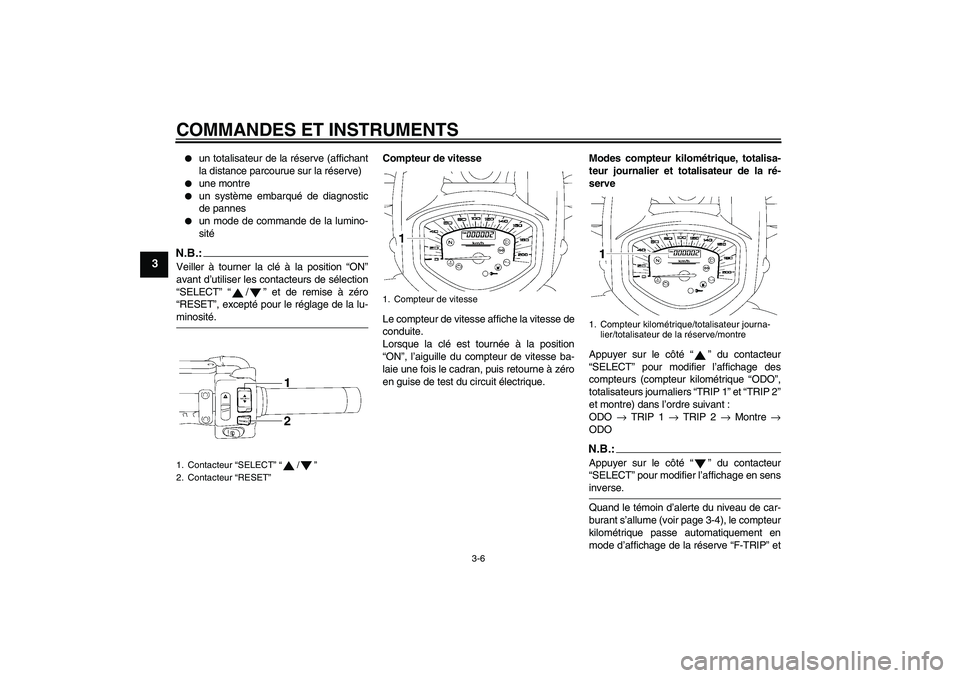 YAMAHA XVS1300A 2007  Notices Demploi (in French) COMMANDES ET INSTRUMENTS
3-6
3

un totalisateur de la réserve (affichant
la distance parcourue sur la réserve)

une montre

un système embarqué de diagnostic
de pannes

un mode de commande de 