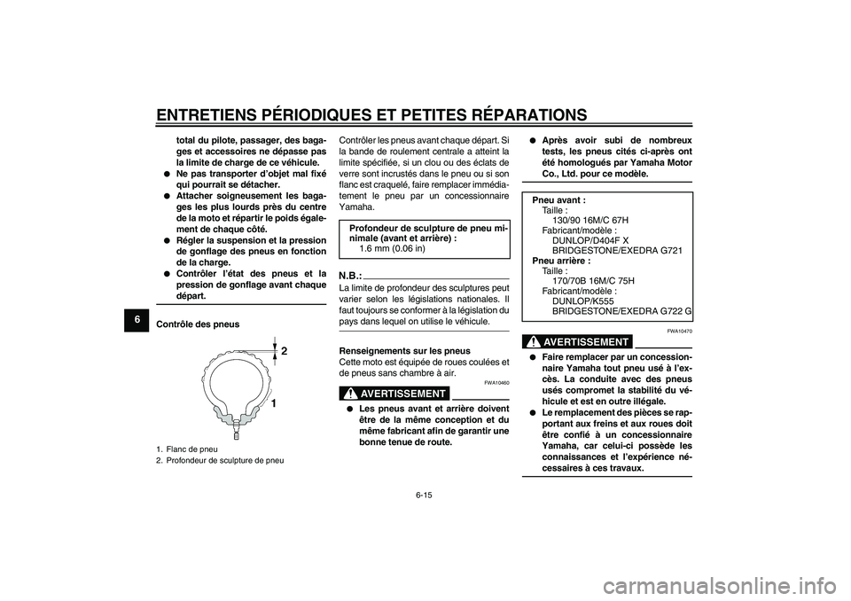 YAMAHA XVS1300A 2007  Notices Demploi (in French) ENTRETIENS PÉRIODIQUES ET PETITES RÉPARATIONS
6-15
6
total du pilote, passager, des baga-
ges et accessoires ne dépasse pas
la limite de charge de ce véhicule.

Ne pas transporter d’objet mal f