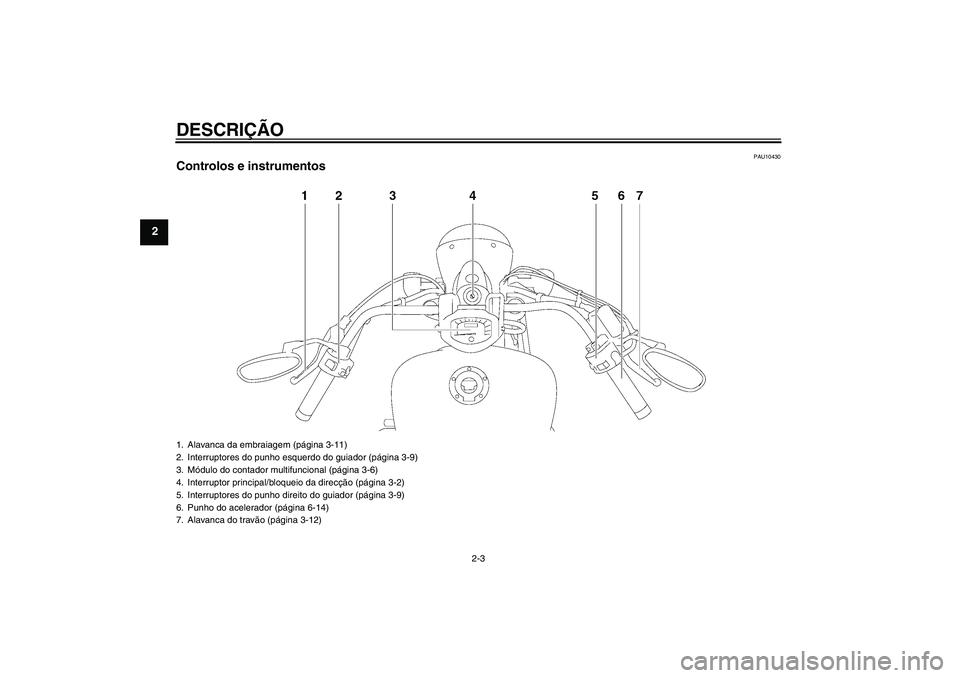 YAMAHA XVS1300A 2007  Manual de utilização (in Portuguese) DESCRIÇÃO
2-3
2
PAU10430
Controlos e instrumentos1. Alavanca da embraiagem (página 3-11)
2. Interruptores do punho esquerdo do guiador (página 3-9)
3. Módulo do contador multifuncional (página 3