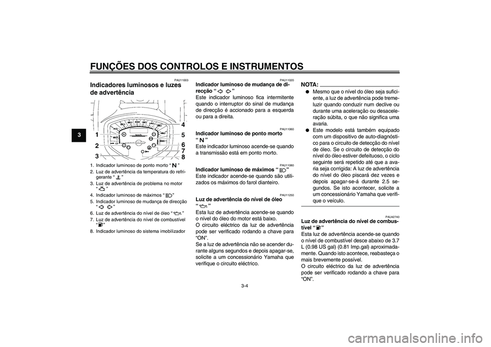 YAMAHA XVS1300A 2007  Manual de utilização (in Portuguese) FUNÇÕES DOS CONTROLOS E INSTRUMENTOS
3-4
3
PAU11003
Indicadores luminosos e luzes 
de advertência 
PAU11020
Indicador luminoso de mudança de di-
recção “” 
Este indicador luminoso fica inter
