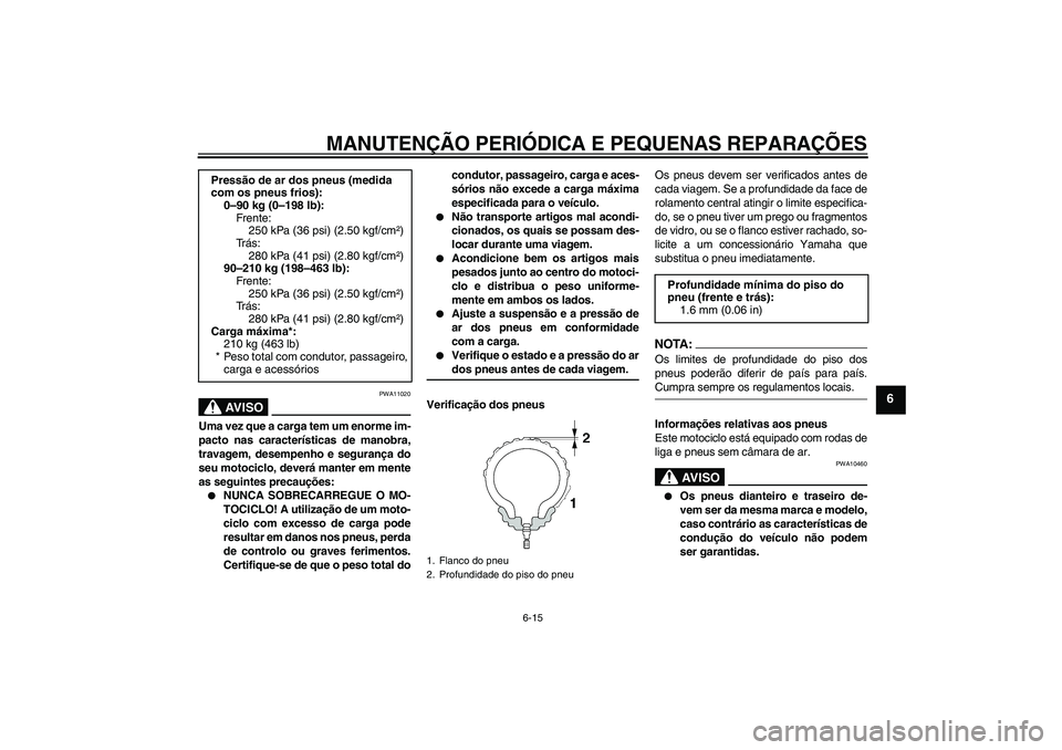 YAMAHA XVS1300A 2007  Manual de utilização (in Portuguese) MANUTENÇÃO PERIÓDICA E PEQUENAS REPARAÇÕES
6-15
6
AV I S O
PWA11020
Uma vez que a carga tem um enorme im-
pacto nas características de manobra,
travagem, desempenho e segurança do
seu motociclo