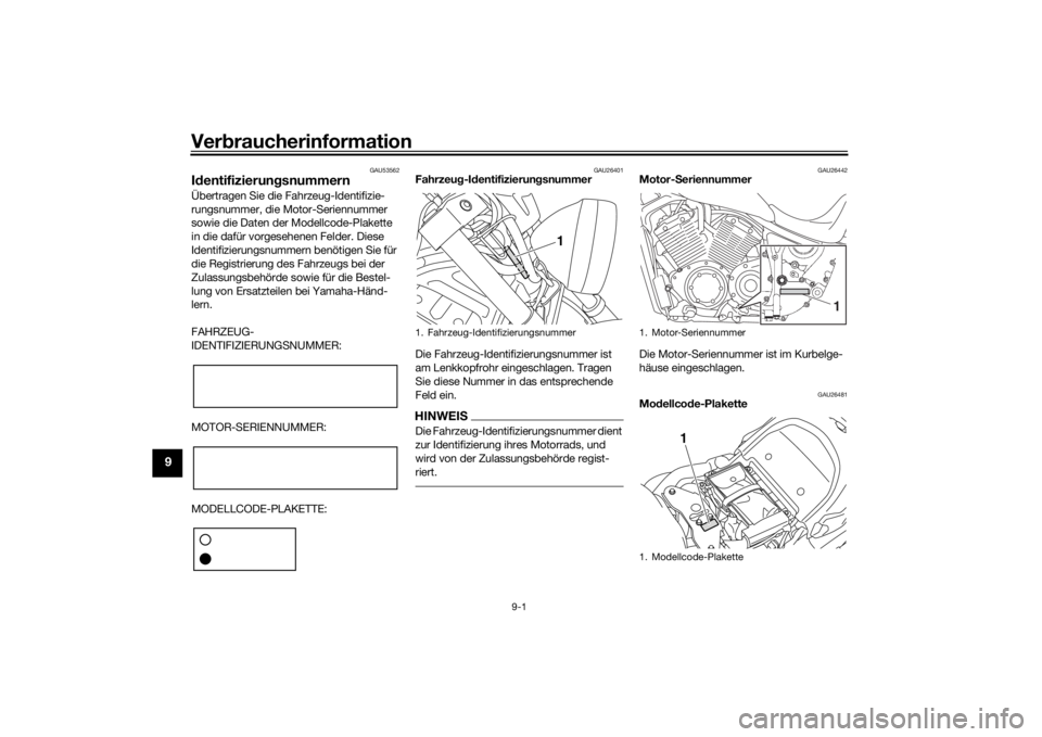 YAMAHA XVS1300CU 2016  Betriebsanleitungen (in German) Verbraucherinformation
9-1
9
GAU53562
Id entifizierun gsnummernÜbertragen Sie die Fahrzeug-Identifizie-
rungsnummer, die Motor-Seriennummer 
sowie die Daten der Modellcode-Plakette 
in die dafür vor