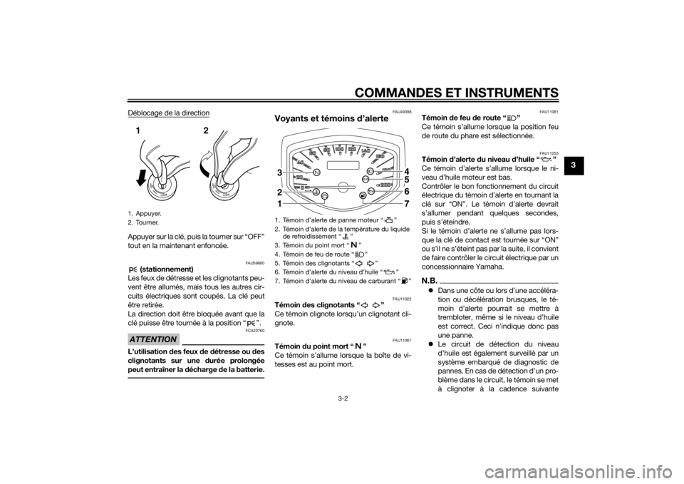 YAMAHA XVS1300CU 2015  Notices Demploi (in French) COMMANDES ET INSTRUMENTS
3-2
3
Déblocage de la directionAppuyer sur la clé, puis la tourner sur “OFF”
tout en la maintenant enfoncée.
FAU59680
 (stationnement)
Les feux de détresse et les clig