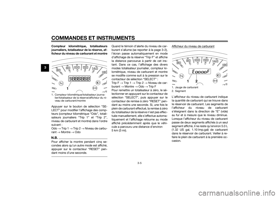 YAMAHA XVS1300CU 2015 Notices Demploi (in French) COMMANDES ET INSTRUMENTS
3-5
3
Compteur kilométrique, totalisateurs
journaliers, totalisateur de la réserve, af-
ficheur du niveau d e carburant et montre
Appuyer sur le bouton de sélection “SE- YAMAHA XVS1300CU 2015 Notices Demploi (in French) COMMANDES ET INSTRUMENTS
3-5
3
Compteur kilométrique, totalisateurs
journaliers, totalisateur de la réserve, af-
ficheur du niveau d e carburant et montre
Appuyer sur le bouton de sélection “SE-